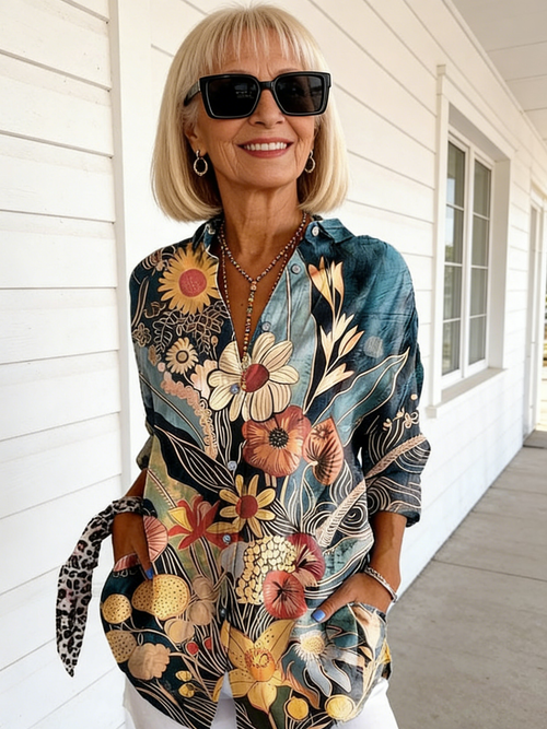 3D Color Matching Print Pattern Casual Loose Shirt Women's Button Top