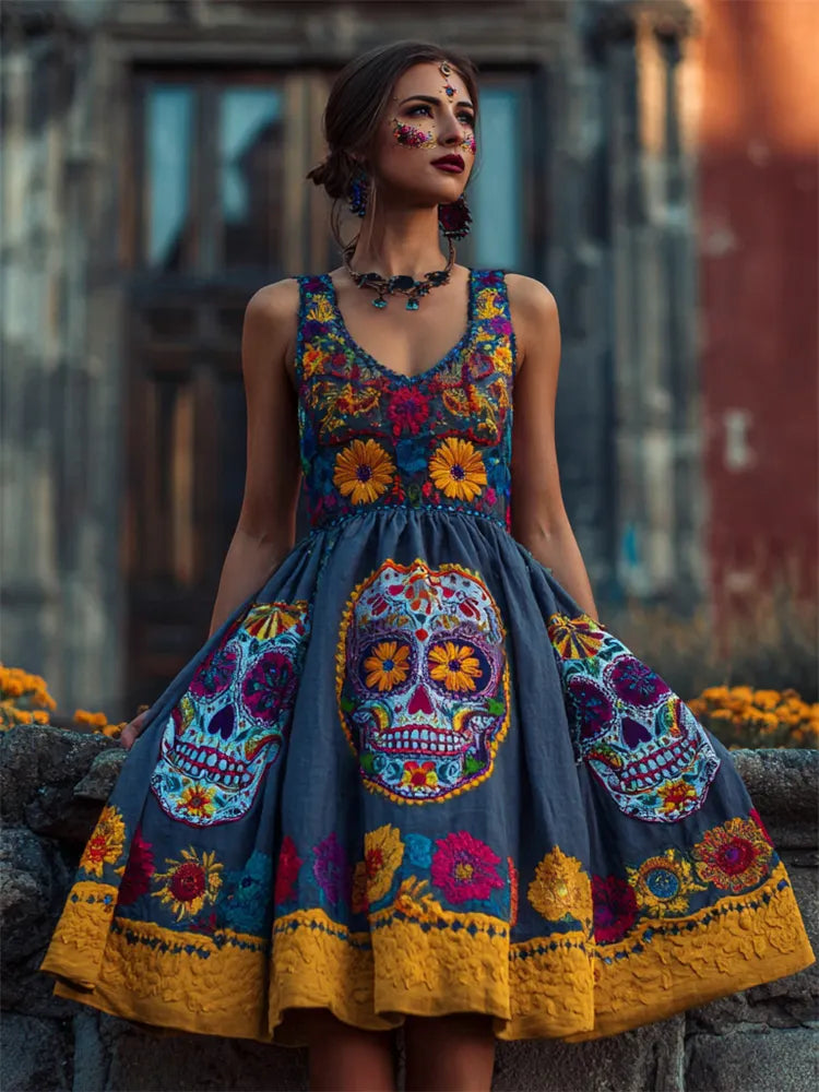 Day Of The Dead Sugar Skulls Marigolds Floral Linen Evening Dress