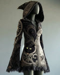 Women's Halloween Black Cat Embroidered Lace Patchwork Hooded Evening Dress f4b1