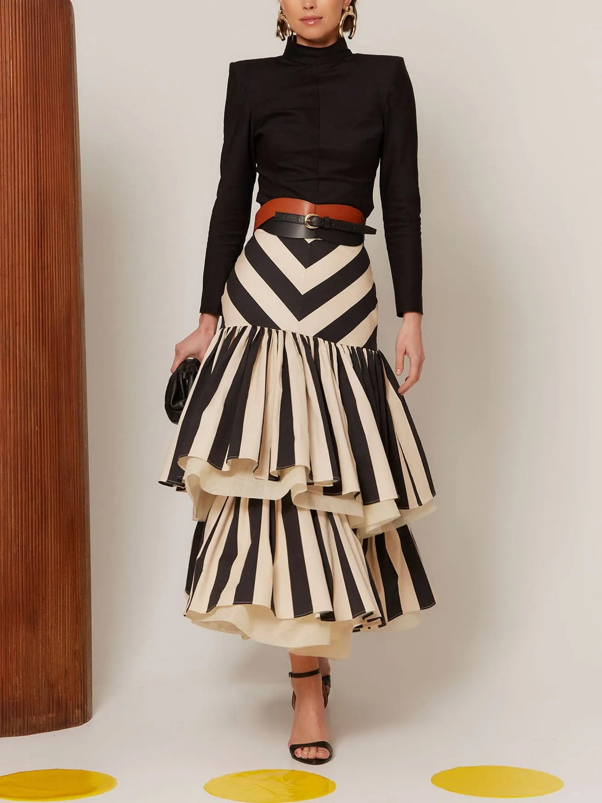 Chevron Striped Tiered Ruffle Midi Skirt