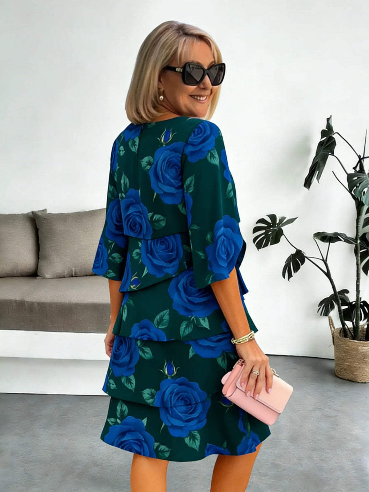 Chiffon Vacation Prints Color Round Neck Cake Skirt Splicing Dress Mid-length