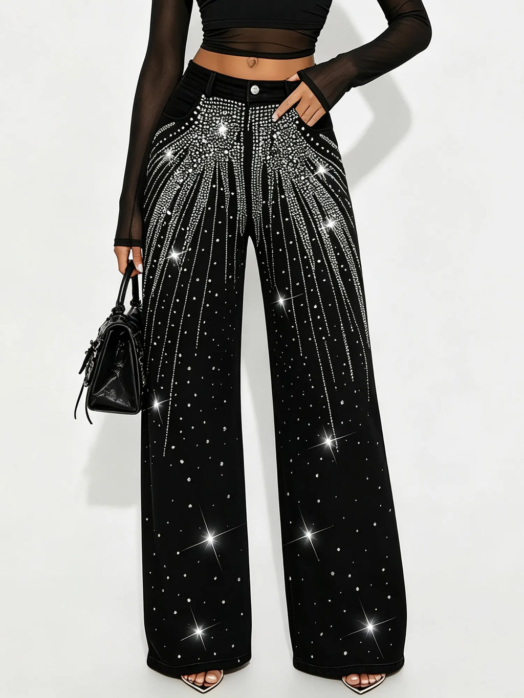 Western Outfits — Midnight Black Hotfix Rhinestone Shooting Star Pattern Premium Stretch Denim Long Pants