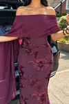 burgundy-brocade-midi-dress-off-shoulder-cape-sleeve-formal-dress