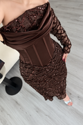 chocolate-sequin-corset-dress-draped-satin-midi-with-lace-sleeve