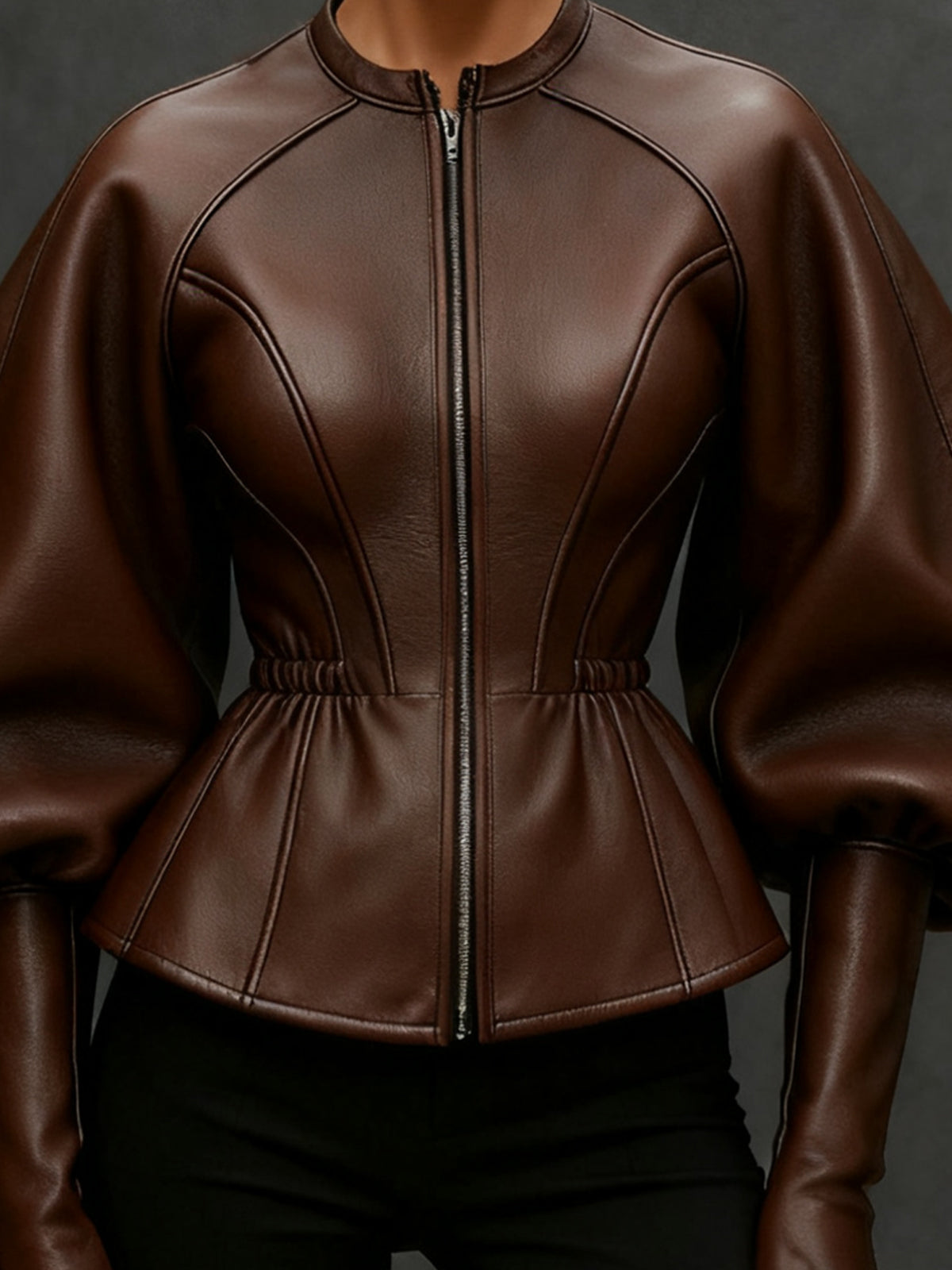 24-Hour-Shipping Brown Faux Leather Jacket With Balloon Sleeves