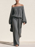 Off‐Shoulder Striped Trim Textured Two‐Piece Pants Set