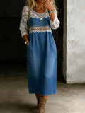 Women's Lace Long-sleeved Crew Neck Casual Denim Dress
