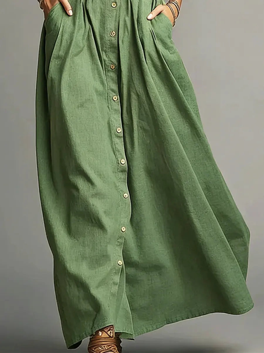 Women's Retro Lapel Button Pockets Art Stylish Casual Maxi Dress