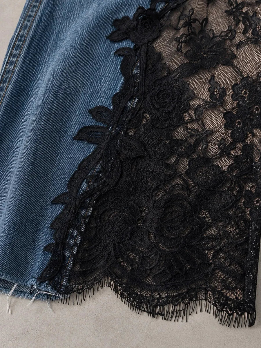 Elegant Lace Panel Wide Leg Denim Jeans For Women - High Waist Vintage Wash Jeans