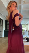 plum-off-shoulder-lace-bodice-gown-ribbon-scarf-a-line-maxi-dress