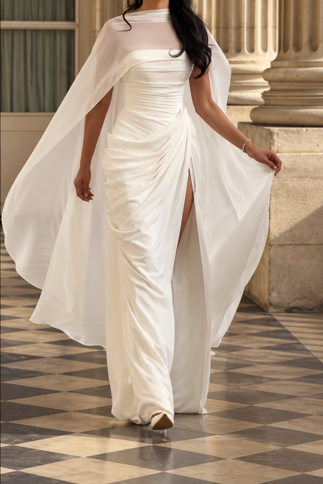 ivory-draped-high-slit-gown-sheer-cape-overlay-ruched-evening-dress