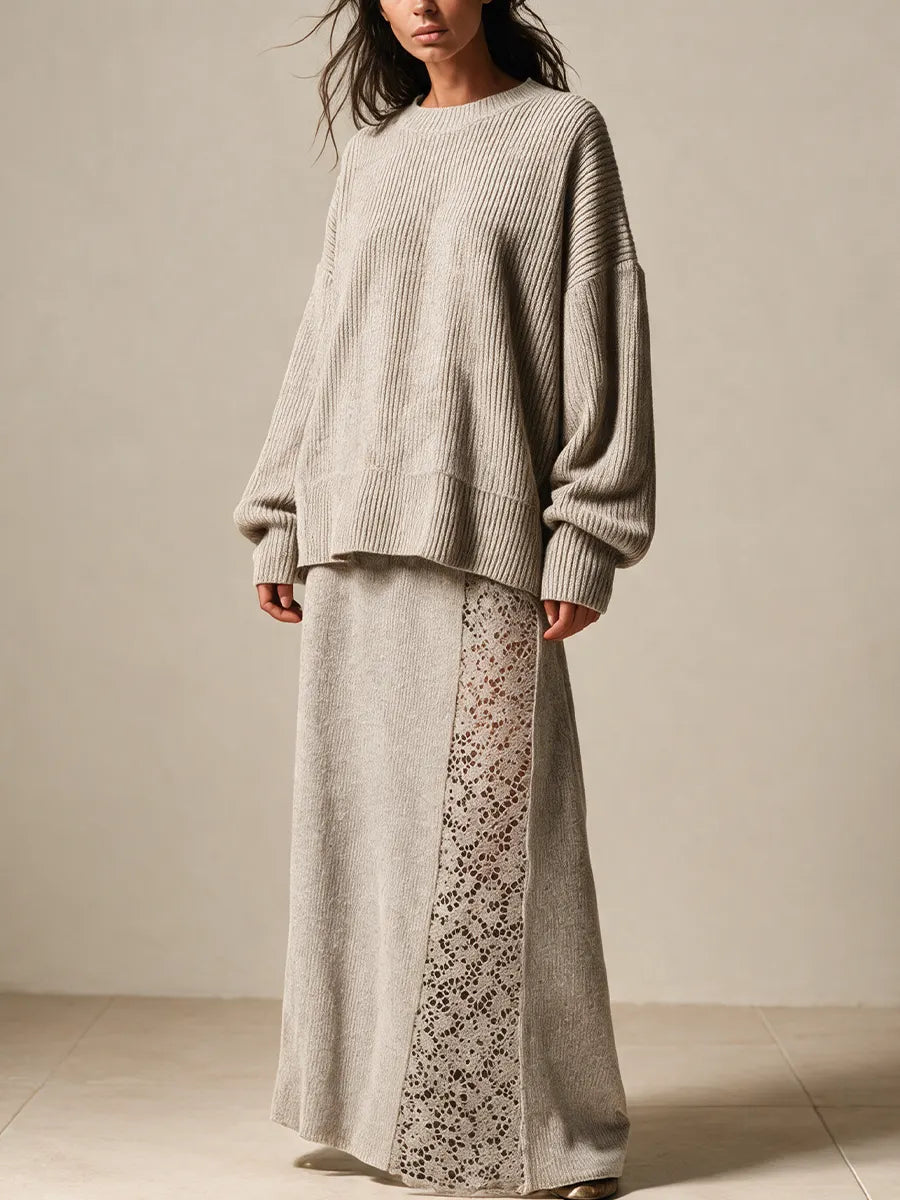Women's Oversized Rib Knit Sweater & Lace Panel Maxi Skirt Set