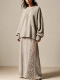 Women's Oversized Rib Knit Sweater & Lace Panel Maxi Skirt Set