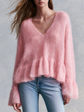 Warm And Elegant V-neck Ruffled Pink Long-haired Knit Pullover