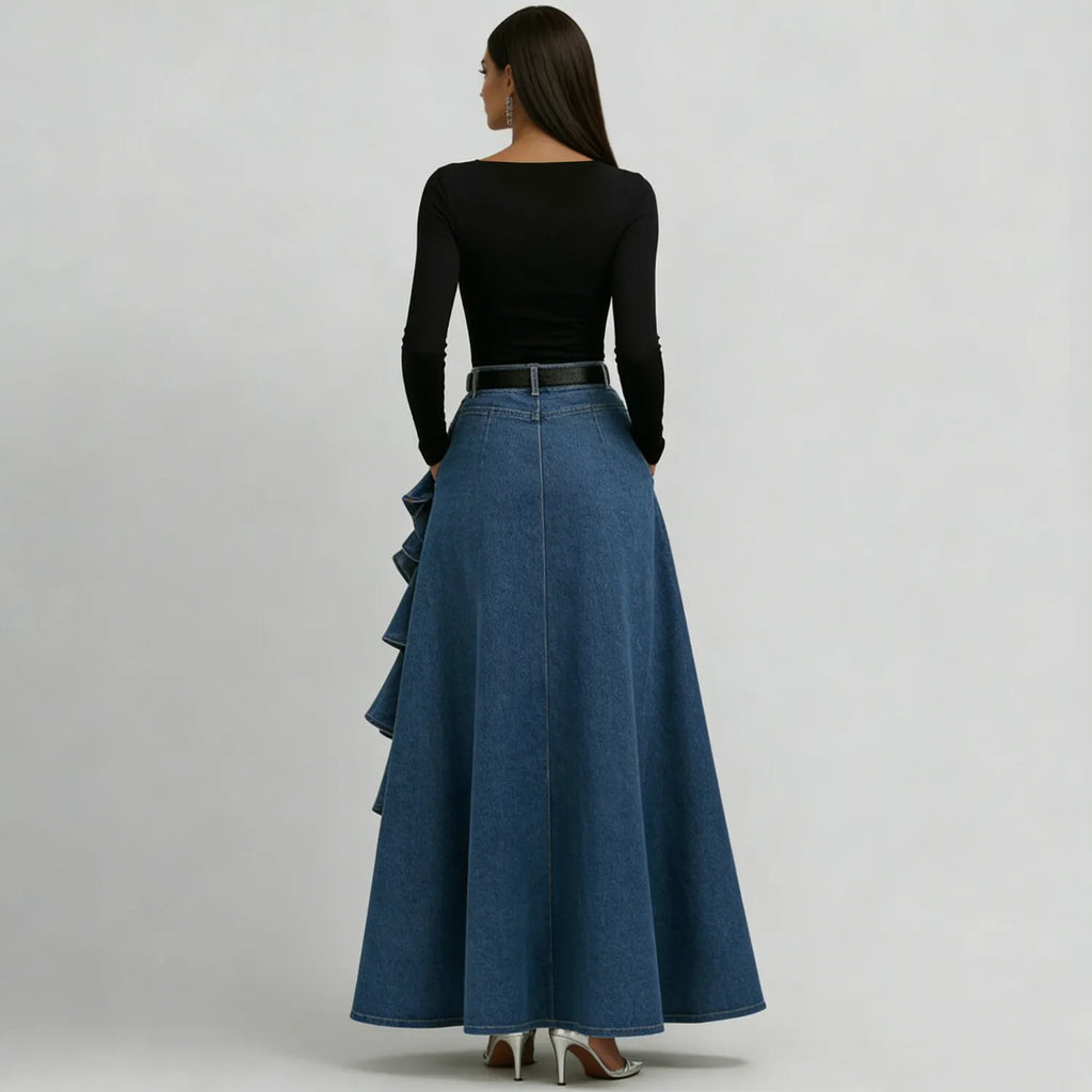 Women's Ruffle Trim Asymmetric Hem Denim Maxi Skirt