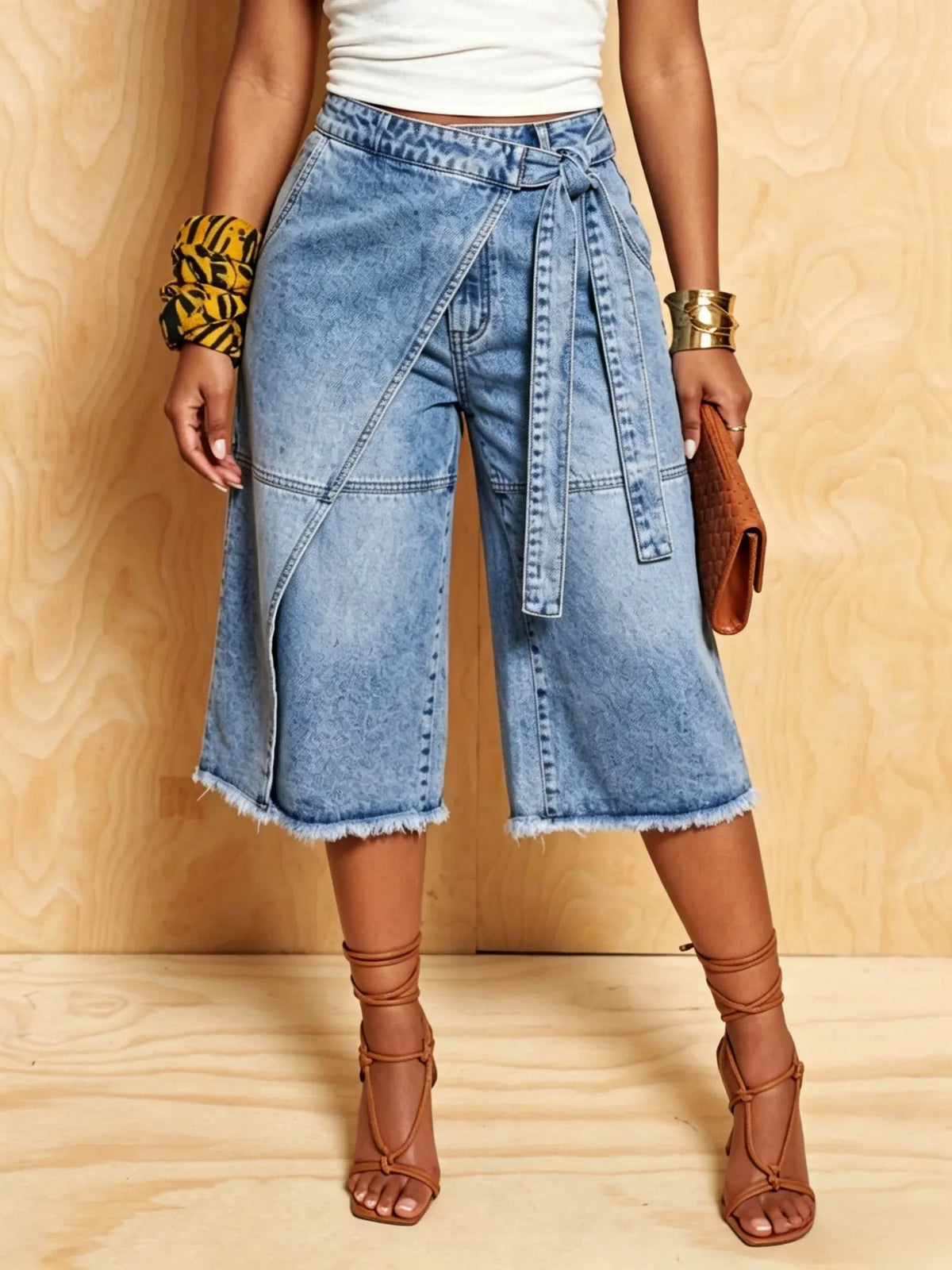 Retro Casual Lace-up Denim Shorts