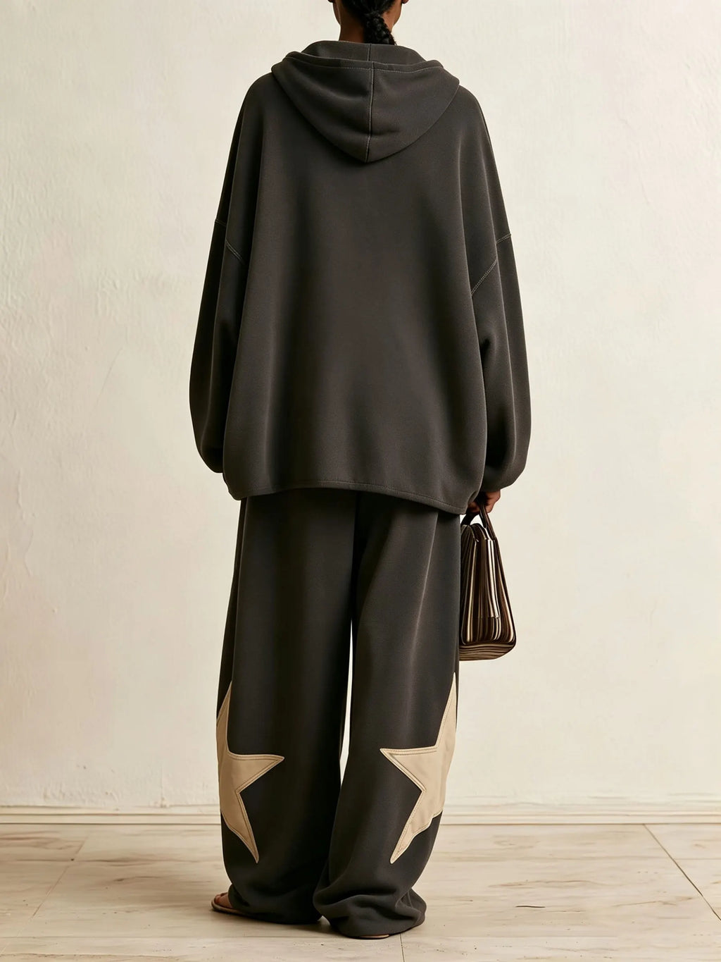 Oversized Star Patch Zip‐Up Hoodie Wide Leg Pants Two‐Piece Set