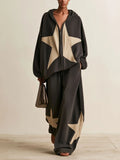 Oversized Star Patch Zip‐Up Hoodie Wide Leg Pants Two‐Piece Set