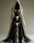 Halloween Contrasting Lace Skull Embroidered Evening Dress 5b8d