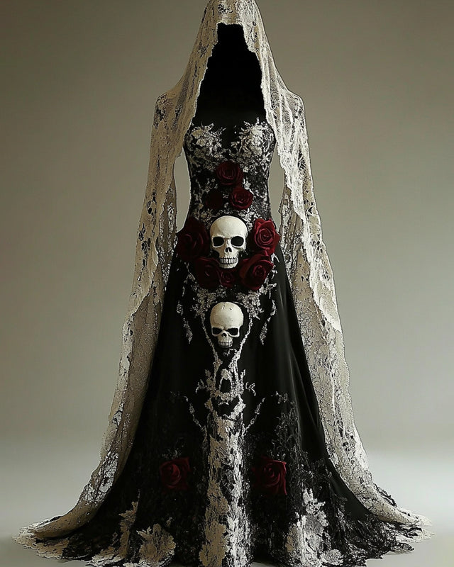Halloween Contrasting Lace Skull Embroidered Evening Dress 5b8d