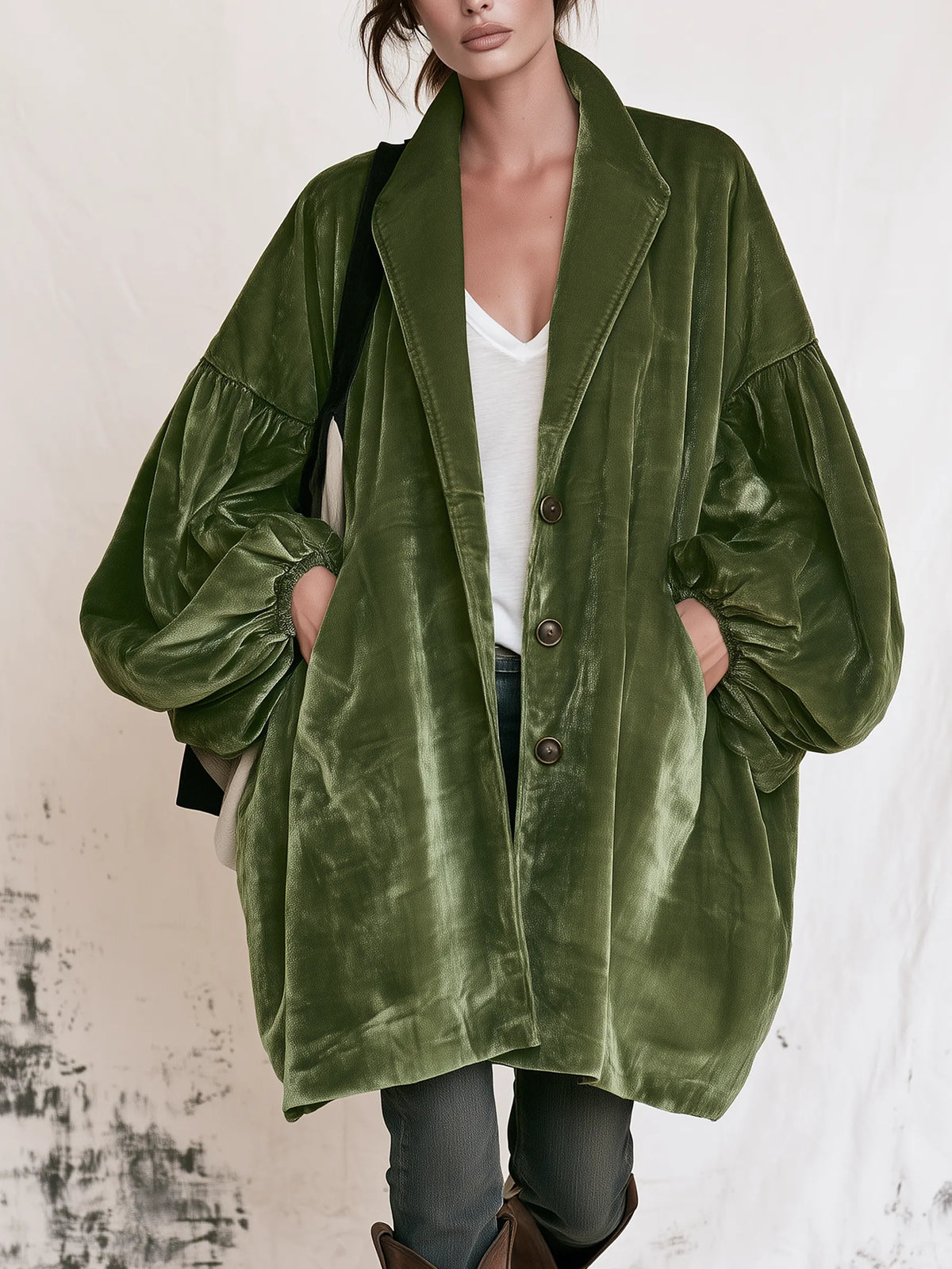 Liquid Velvet Oversized Cocoon Coat With Elasticated Cuffs