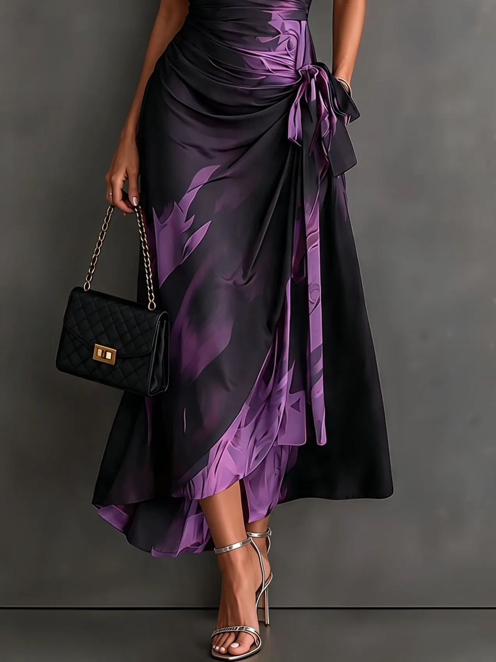 Red Black Abstract Print Wrap Midi Dress Collared V Neck Short Sleeve Tie Waist Ruffled High‐Low Hem Dress