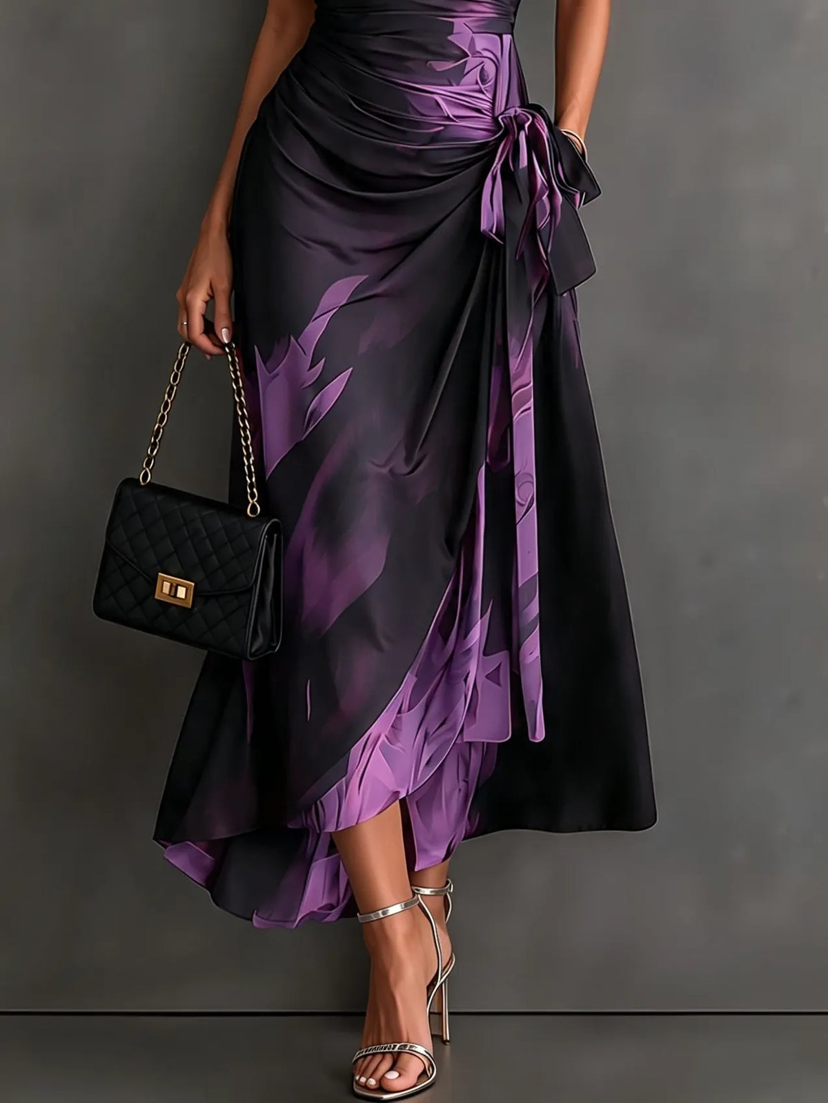 Red Black Abstract Print Wrap Midi Dress Collared V Neck Short Sleeve Tie Waist Ruffled High‐Low Hem Dress