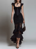 Goth Corset Lace Patchwork Pleated Maxi Dress