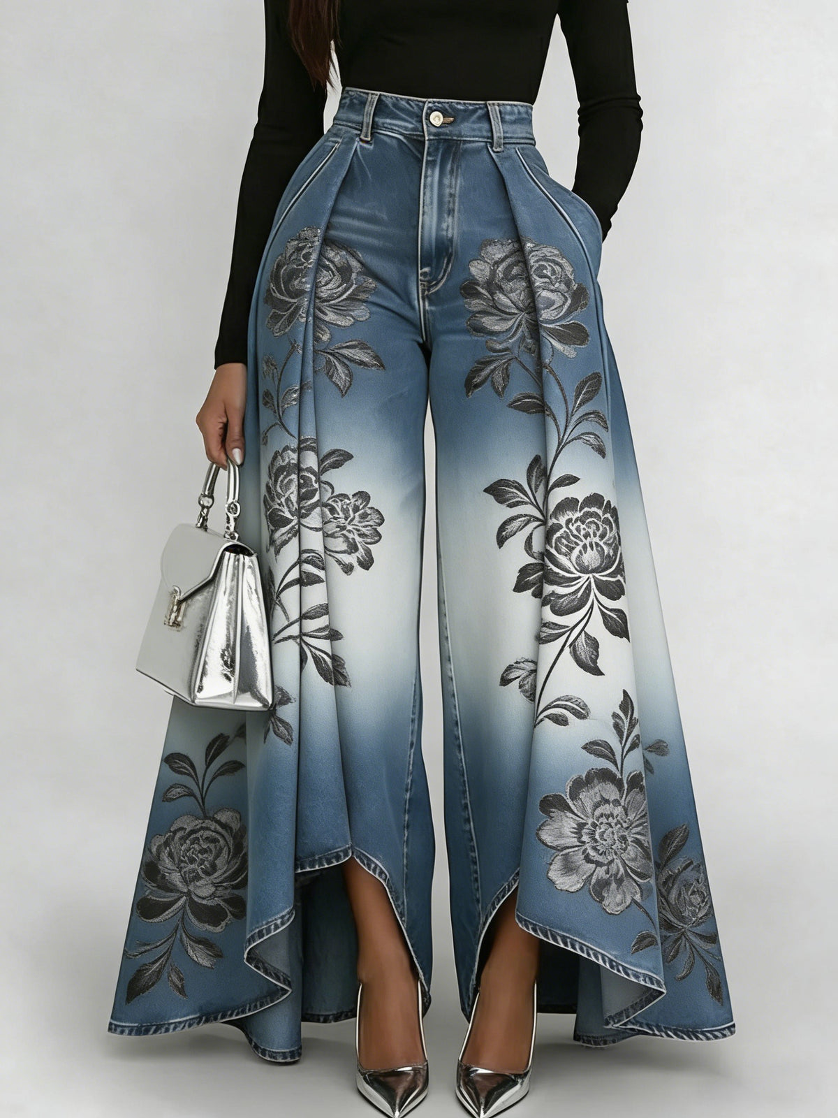 Women's Art Print Casual Pleated Washed Cotton Jeans