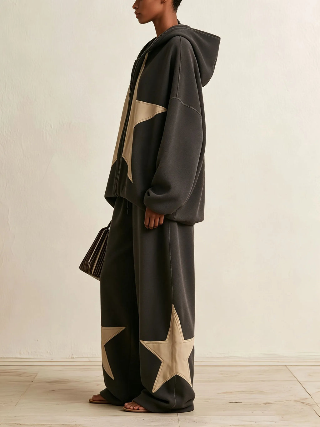 Oversized Star Patch Zip‐Up Hoodie Wide Leg Pants Two‐Piece Set