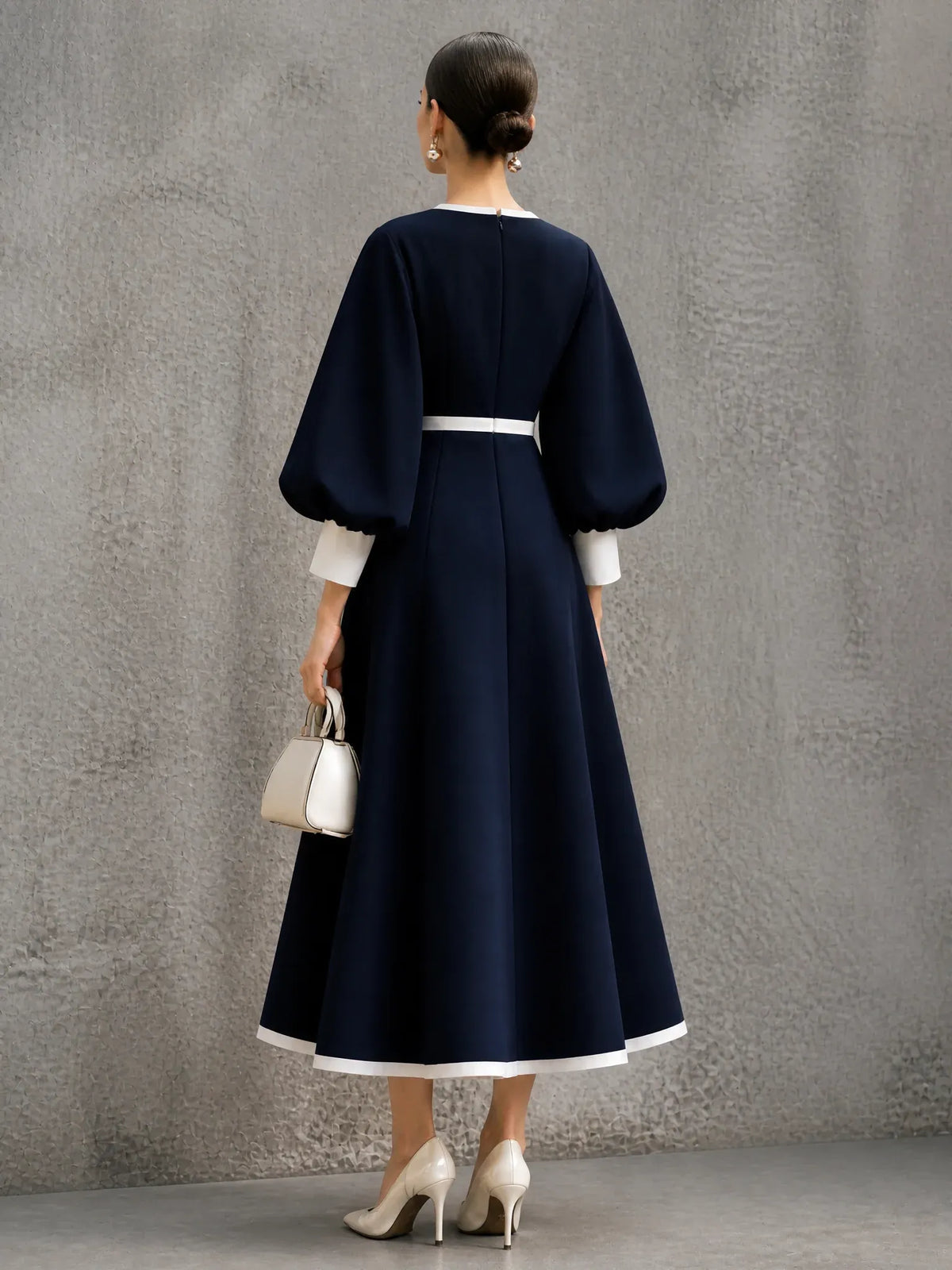 Navy Blue Cinched Waist A‐Line Elegant Midi Dress