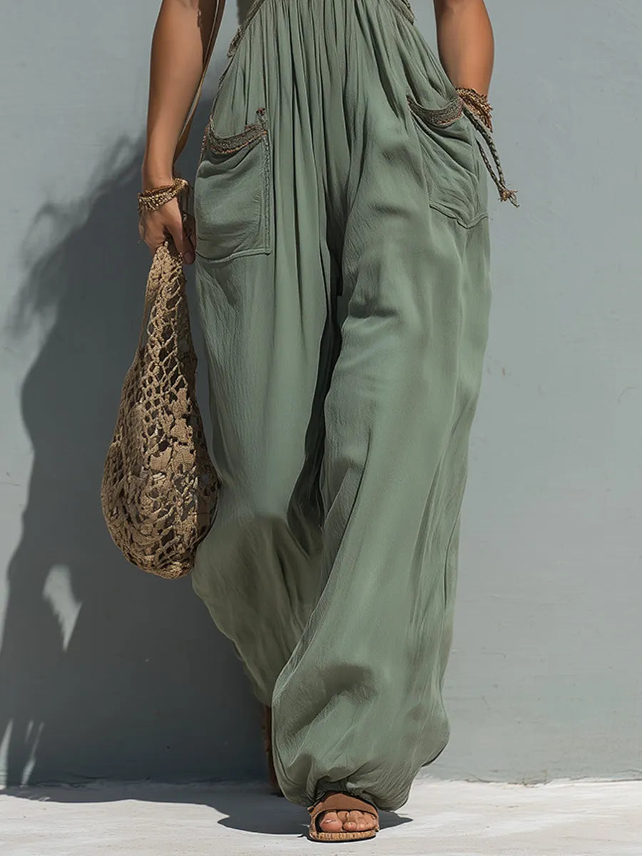 Boho Lace-Trimmed Wide-Leg Jumpsuit With Patch Pockets