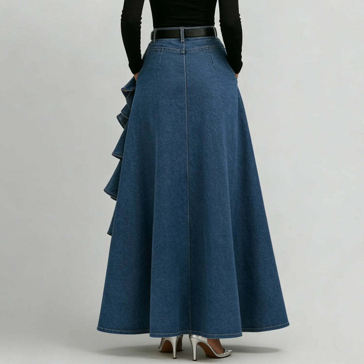 Women's Ruffle Trim Asymmetric Hem Denim Maxi Skirt