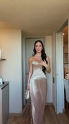 champagne-sequin-gown-strapless-metallic-dress-with-pleated-overlay-skirt