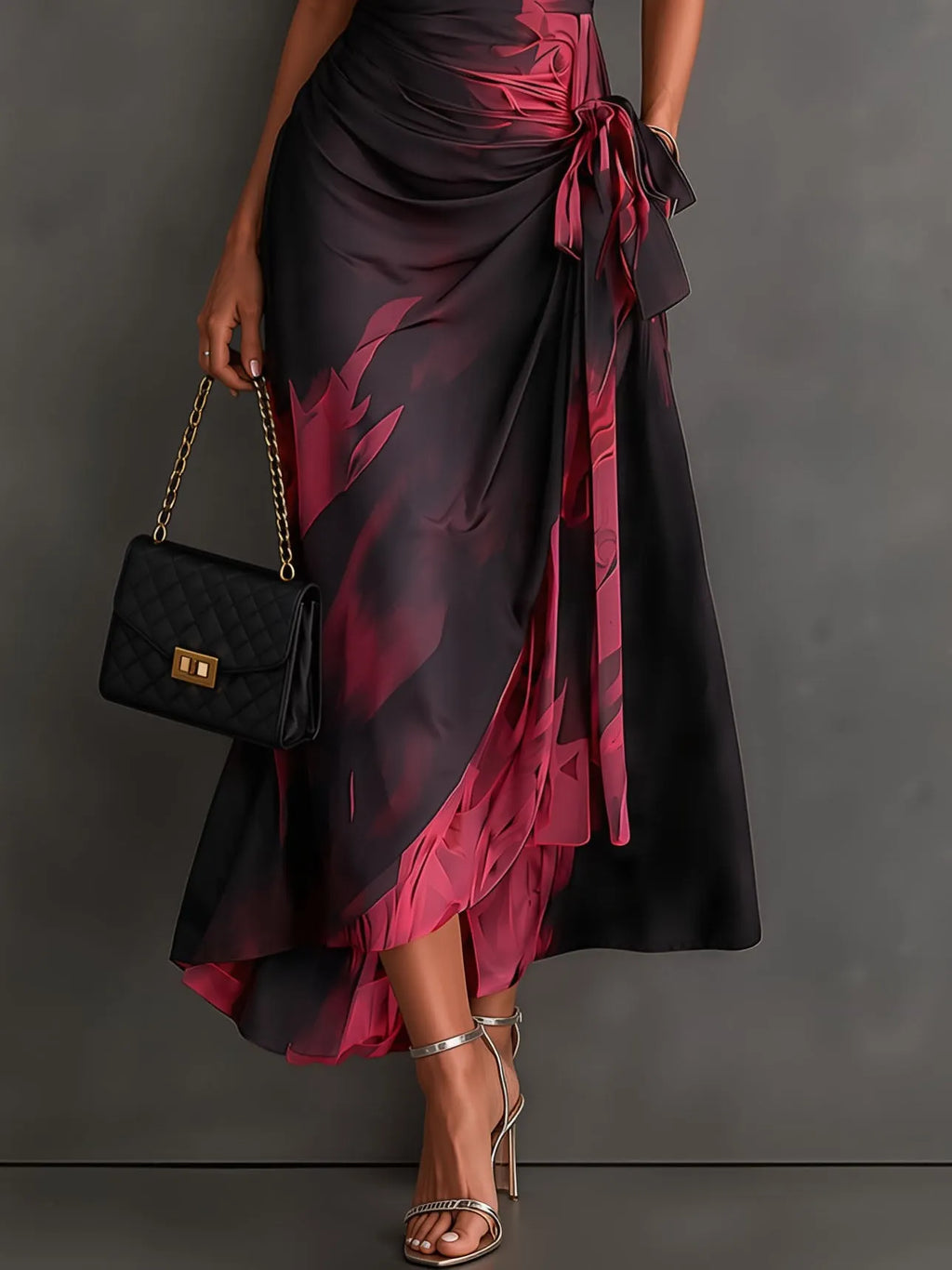 Red Black Abstract Print Wrap Midi Dress Collared V Neck Short Sleeve Tie Waist Ruffled High‐Low Hem Dress