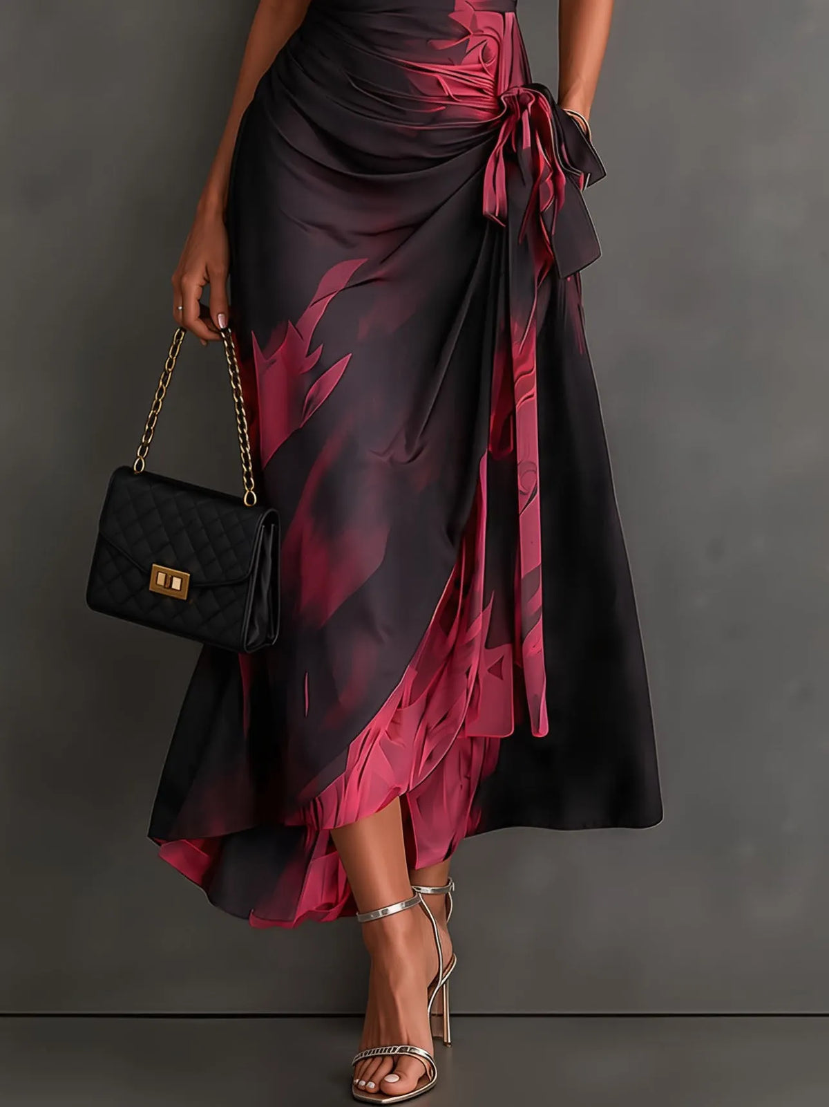 Red Black Abstract Print Wrap Midi Dress Collared V Neck Short Sleeve Tie Waist Ruffled High‐Low Hem Dress