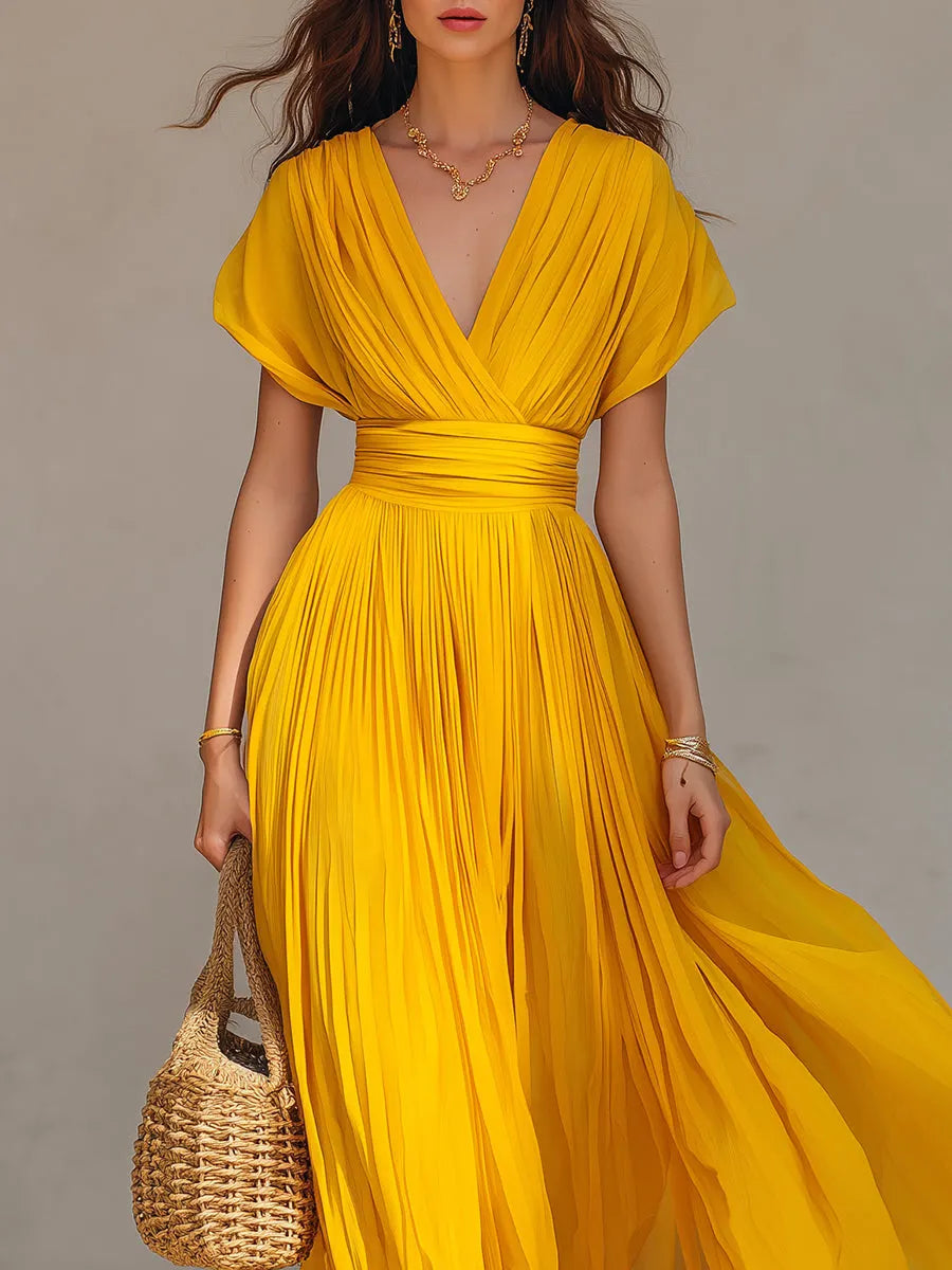 Holiday Cap Sleeve Pleated Chiffon Maxi Dress