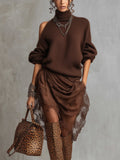 24-Hour-Shipping Chocolate Knit Off Shoulder Tulle Long Sleeve Midi Dress