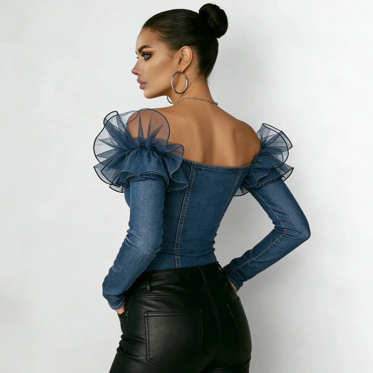 Women's Denim Patchwork Mesh Off Shoulder Button Decor Long Sleeve Blouse