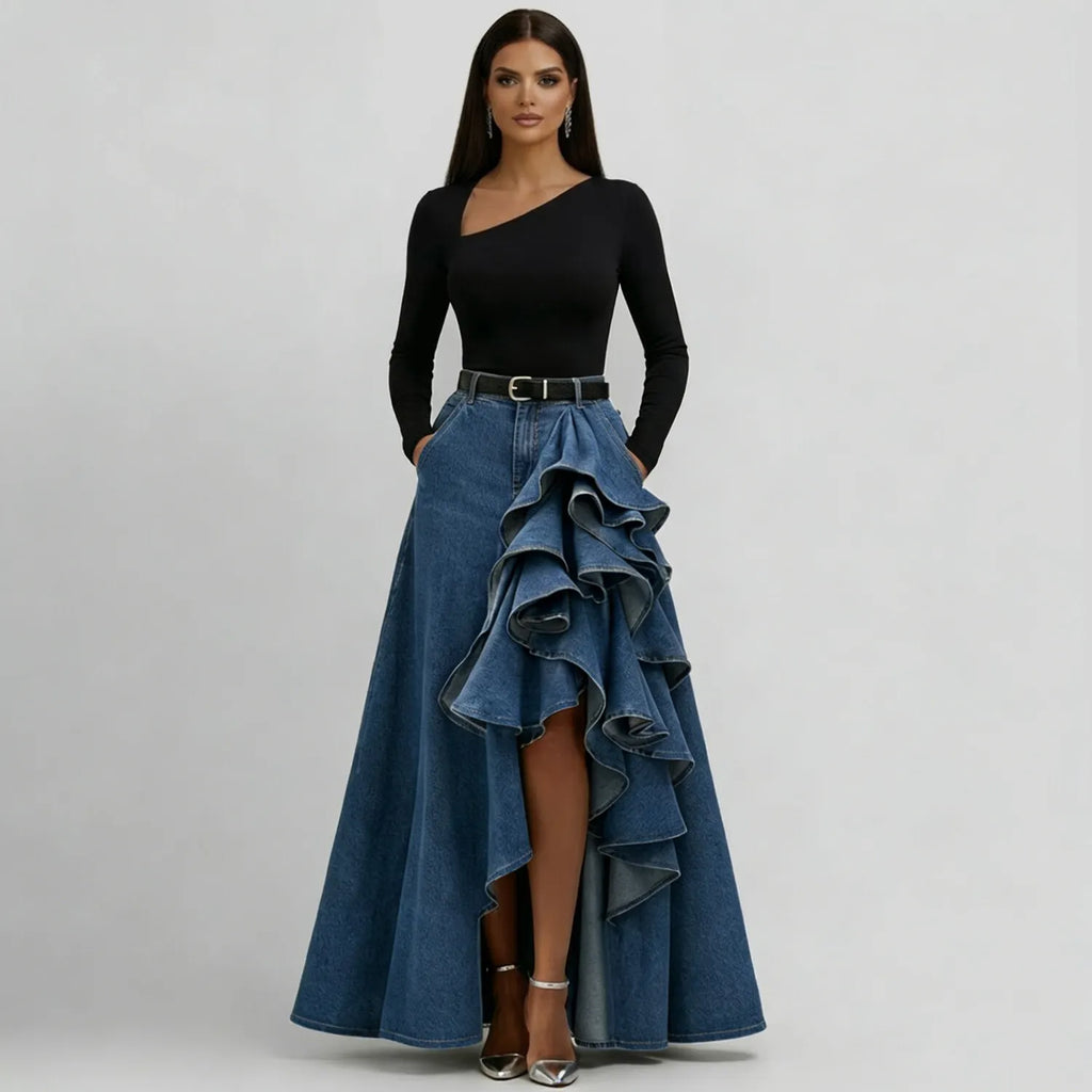 Women's Ruffle Trim Asymmetric Hem Denim Maxi Skirt