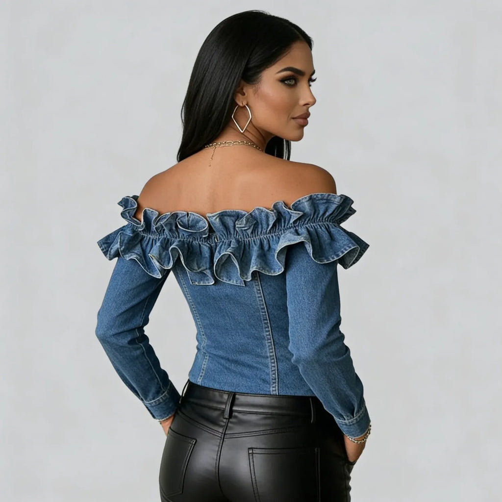 Women's Vintage Ruffled Off Shoulder Zip Up Slim Fit Denim Blouse