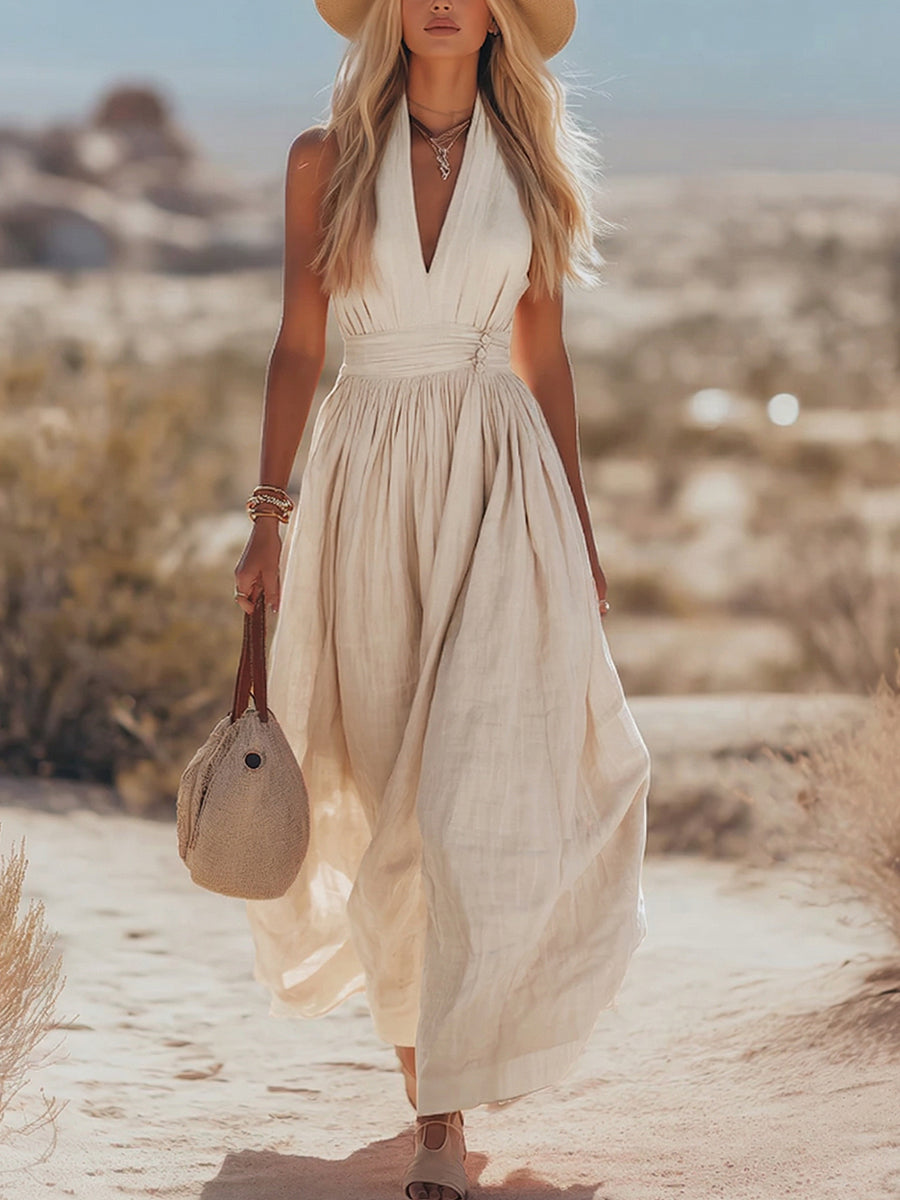 Stylish & Sexy Halter-neck Cotton-linen Maxi Dress