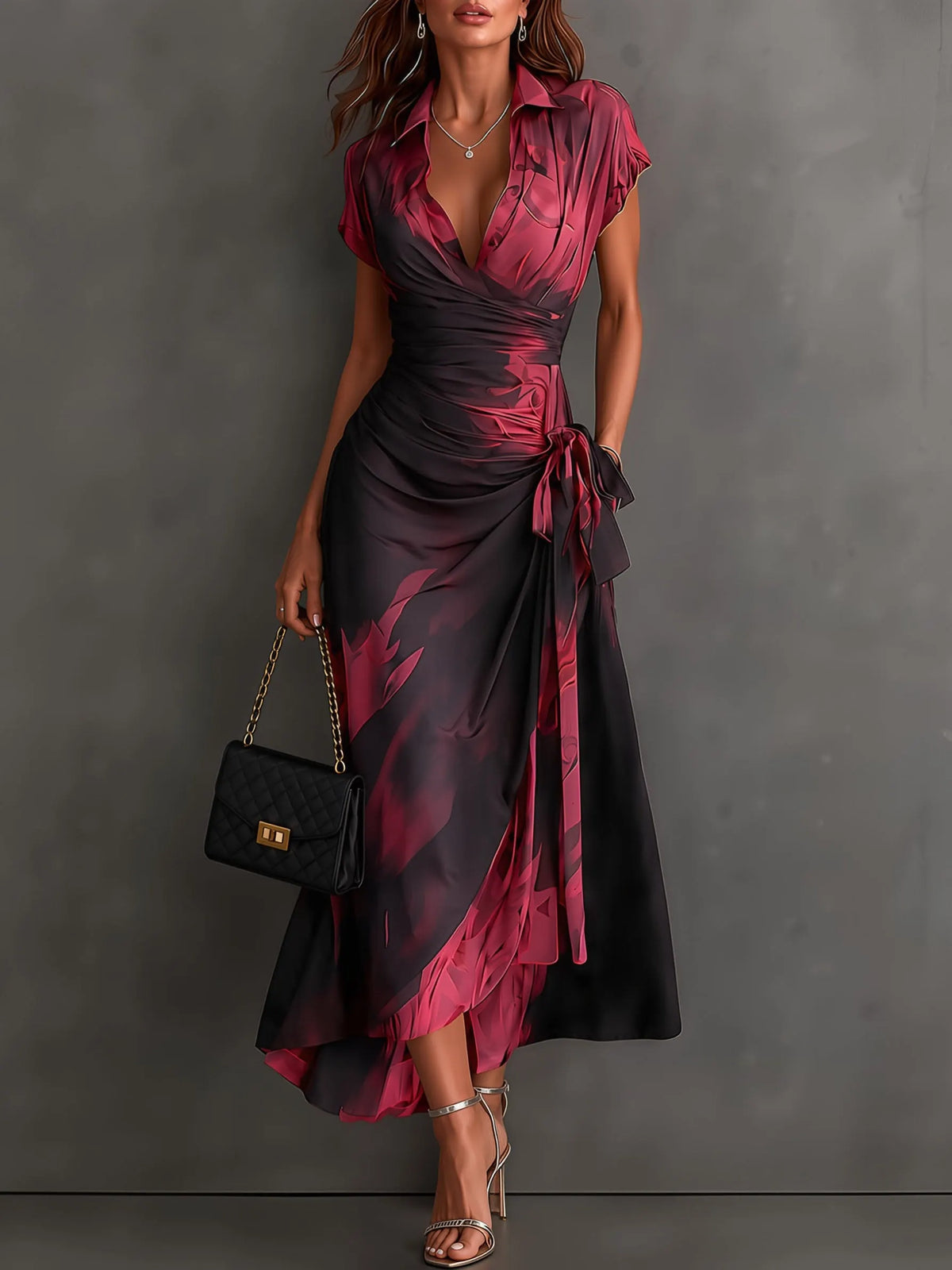Red Black Abstract Print Wrap Midi Dress Collared V Neck Short Sleeve Tie Waist Ruffled High‐Low Hem Dress