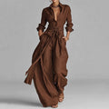 Women's Elegant Shirt Collar Long Sleeve Blouse & Slant Pocket Wide Leg Pants 2Pcs Set