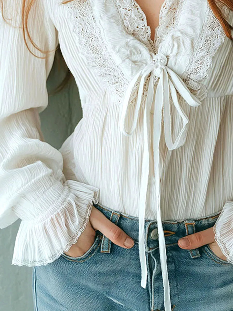 Boho Ruffled V-Neck White Pleated Lace Tie-Front Blouse