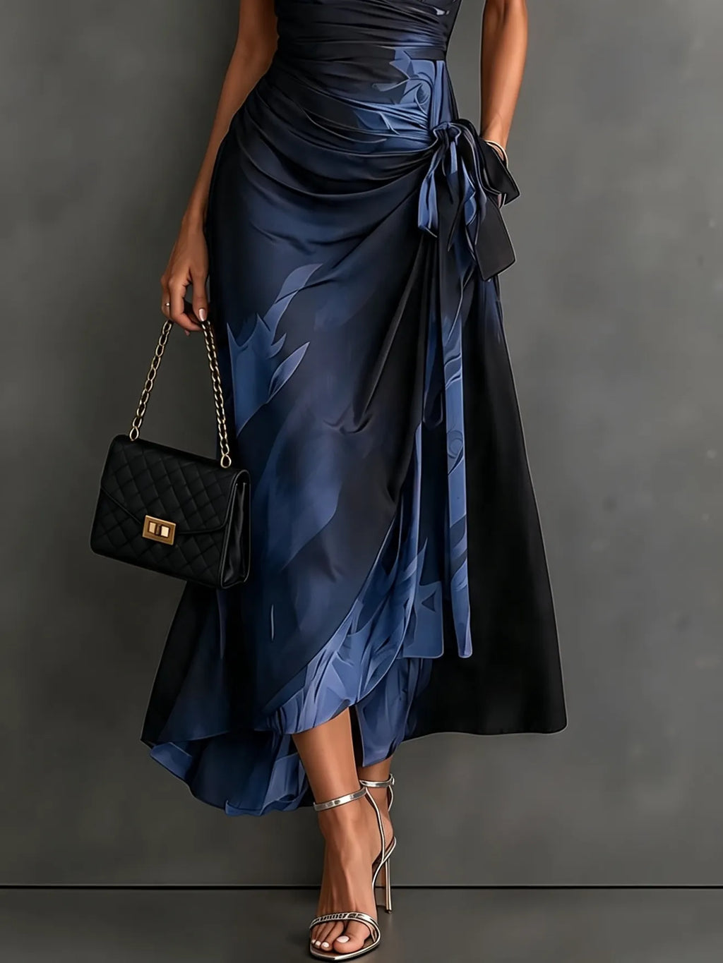 Red Black Abstract Print Wrap Midi Dress Collared V Neck Short Sleeve Tie Waist Ruffled High‐Low Hem Dress