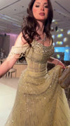 pale-gold-beaded-tulle-ball-gown-off-shoulder-fringe-maxi-dress