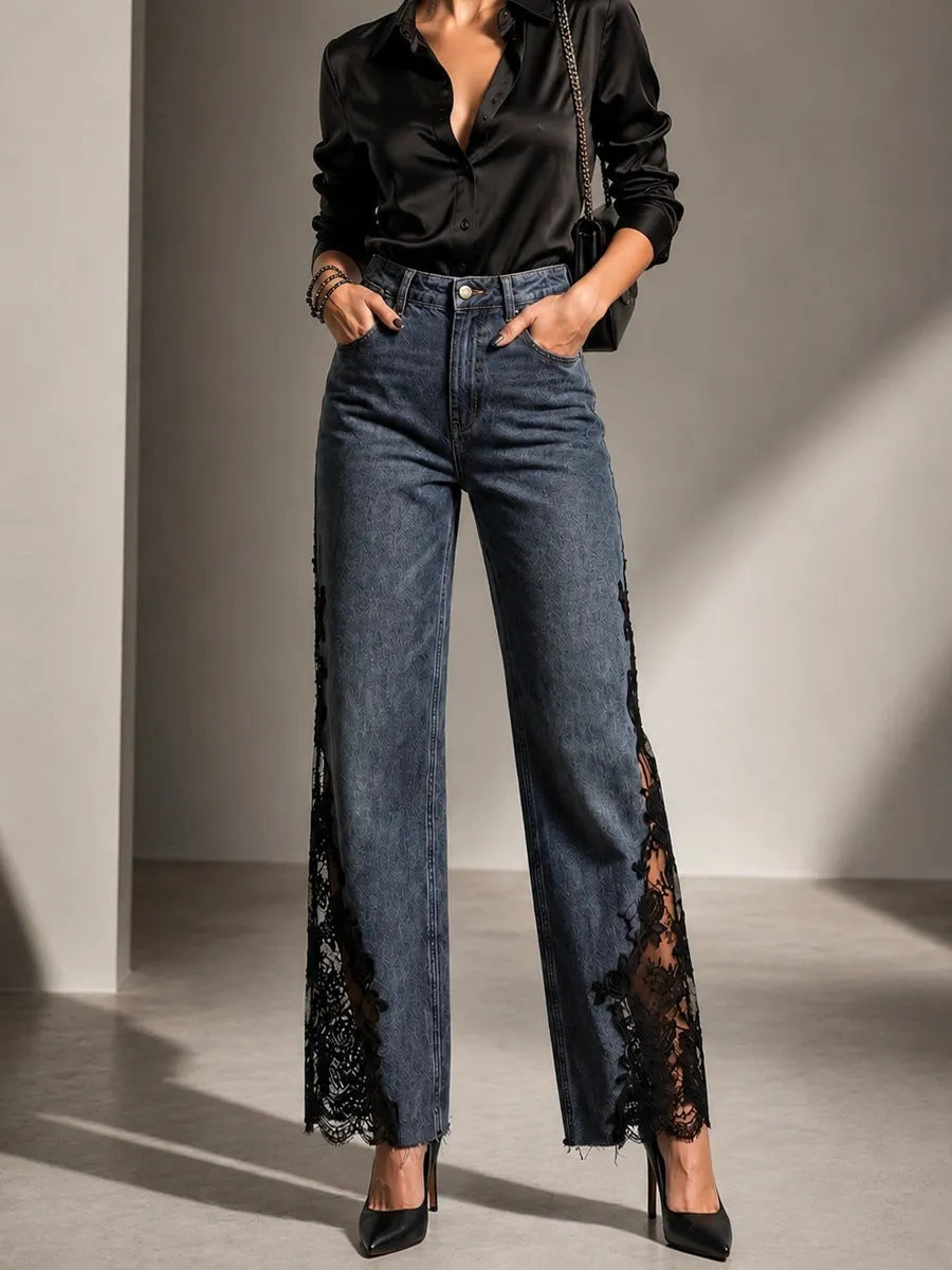 Elegant Lace Panel Wide Leg Denim Jeans For Women - High Waist Vintage Wash Jeans