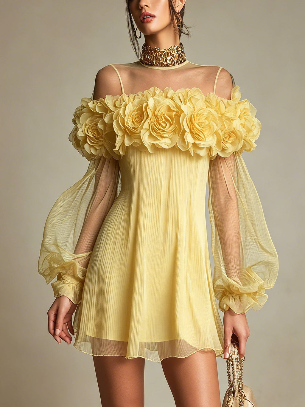 Yellow 3D Floral Pleated Chiffon Mini Dress