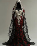 Halloween Contrasting Lace Rose And Skull Embroidered Evening Dress 7343
